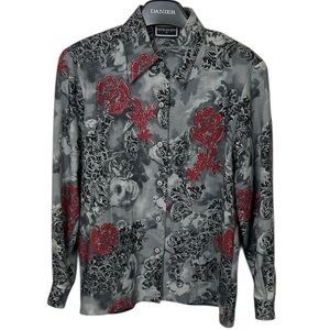 Straven Pure Wool Button Shirt Floral Gray‎ Red Black Made in Scotland Sz 12